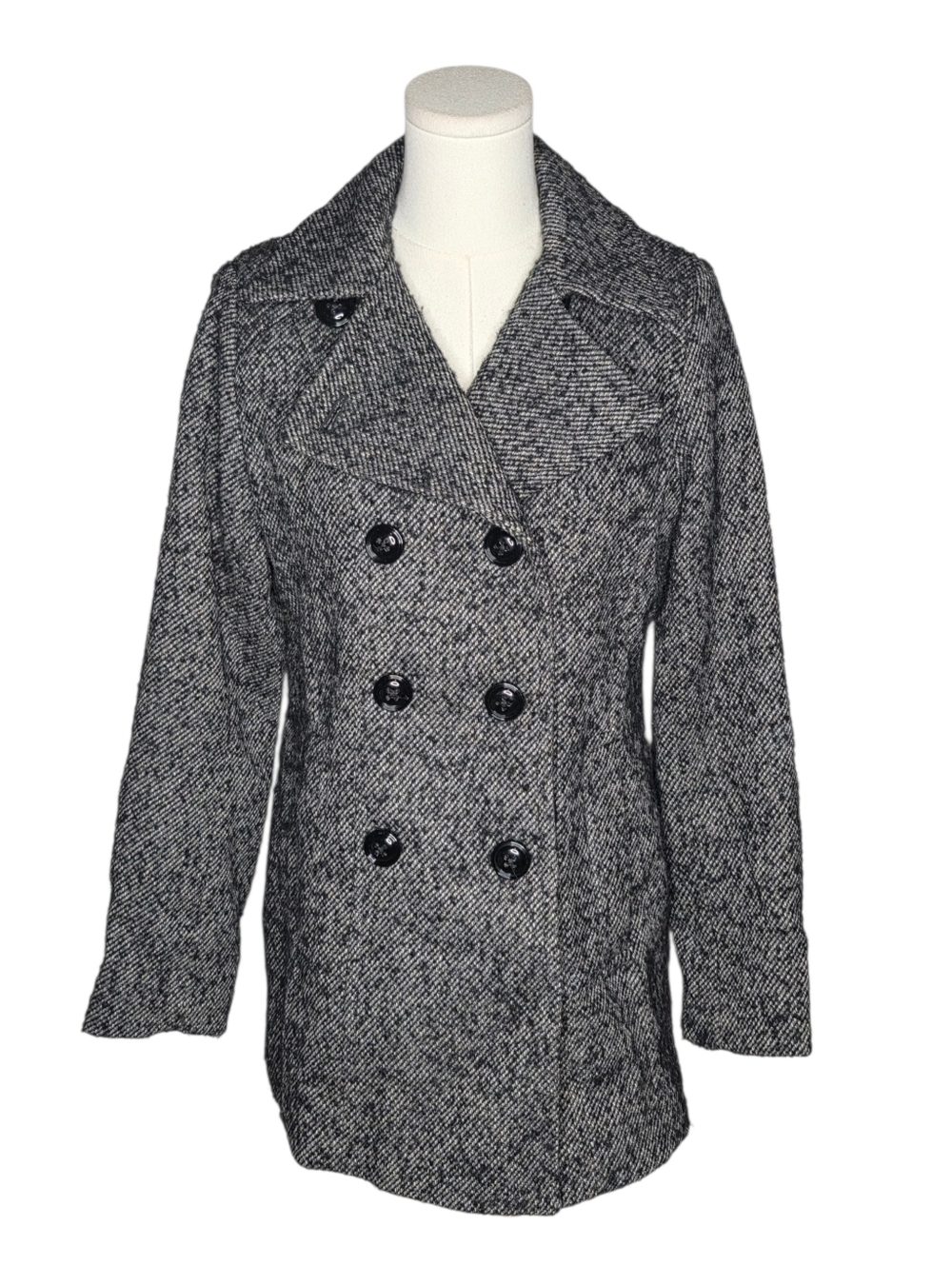 London Fog Wool Blend Peacoat Gray Black Tweed Double Breasted Small